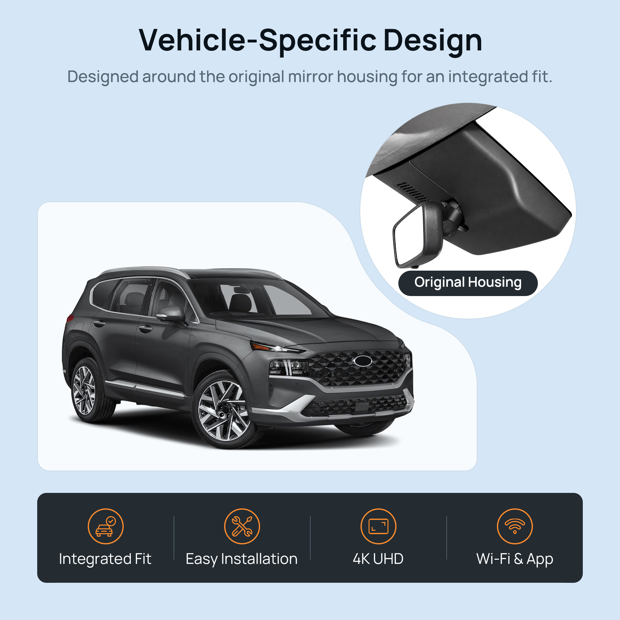 HIDVUE 4K Front + 1080P Rear Dash Cam for Hyundai Santa Fe 2021-2023 2